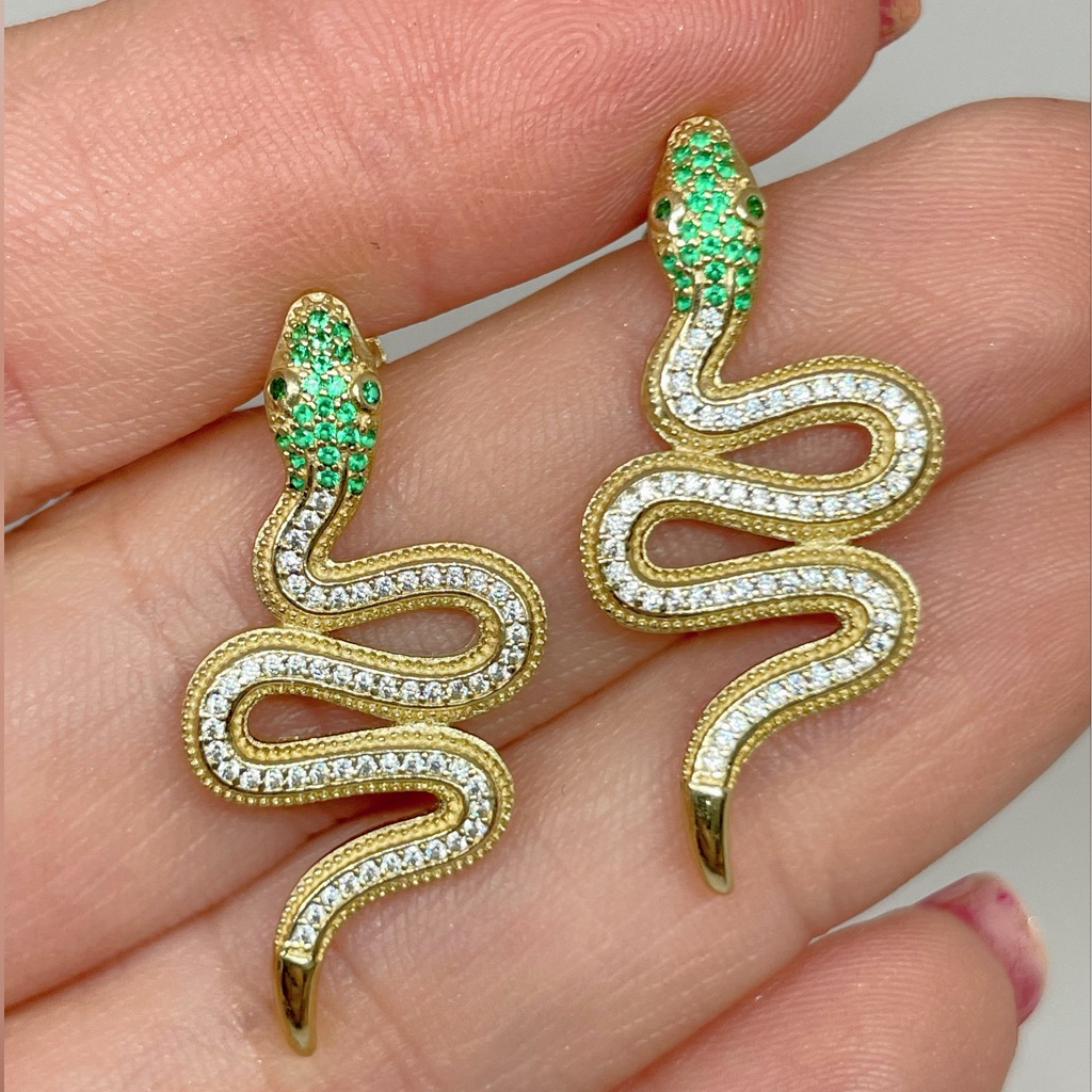 14k Gold Snake Earrings With Gems 14k Gold Snake Earrings With Gems